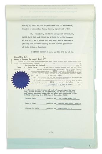 ROOSEVELT, FRANKLIN D. The last will and testament of Roosevelts private secretary Missy LeHand, signed by him as witness.
